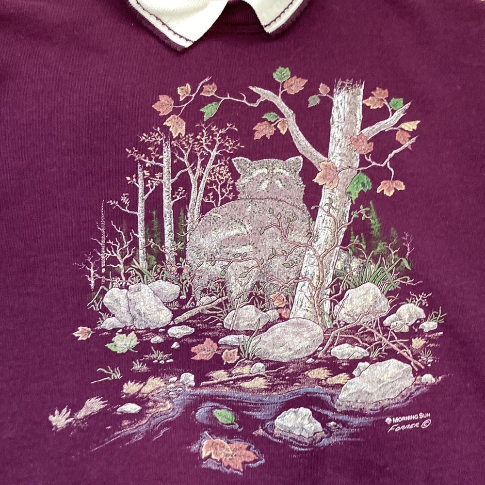Vintage 90s 80s Morning Sun Purple Racoon Forest Collared Sweatshirt Large - Picture 11 of 12